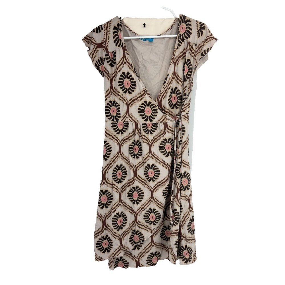 Fresh Produce Women M Floral Wrap Dress Mini Length V Neck Fit & Flare Beige